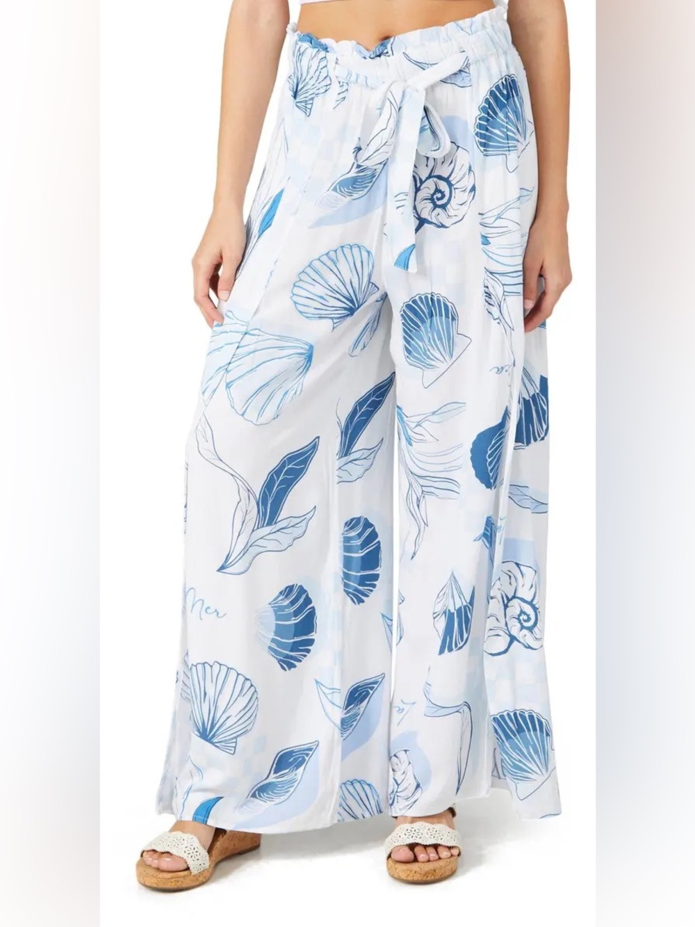 Surf Gypsy Blue Shell Print Decorative Split Wide Leg Pants